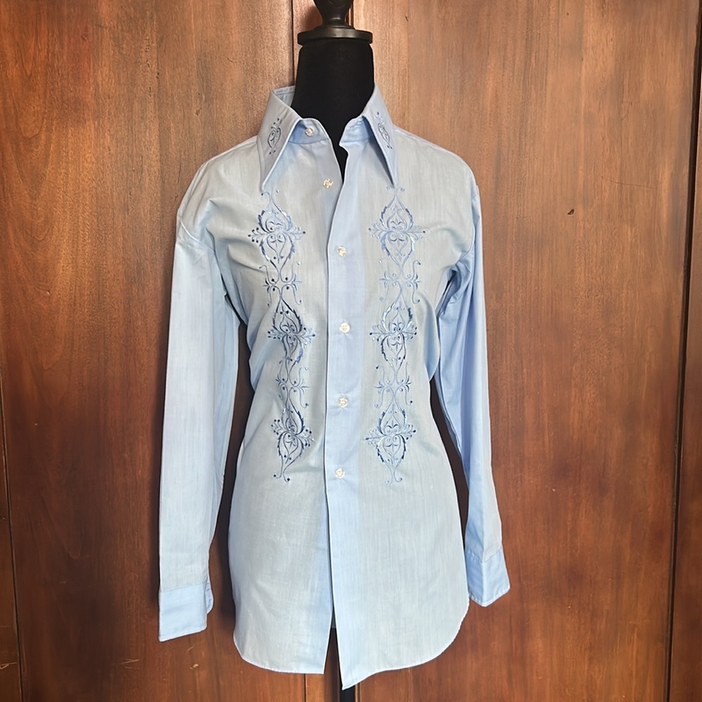 Vintage Light Blue Embroidered Dagger Collar Shirt M - Picture 7 of 7